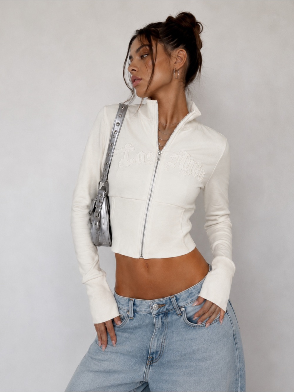 I.AM.GIA White Cropped Full Zip Jacket Embroidered Logo Y2K Size XS NWT